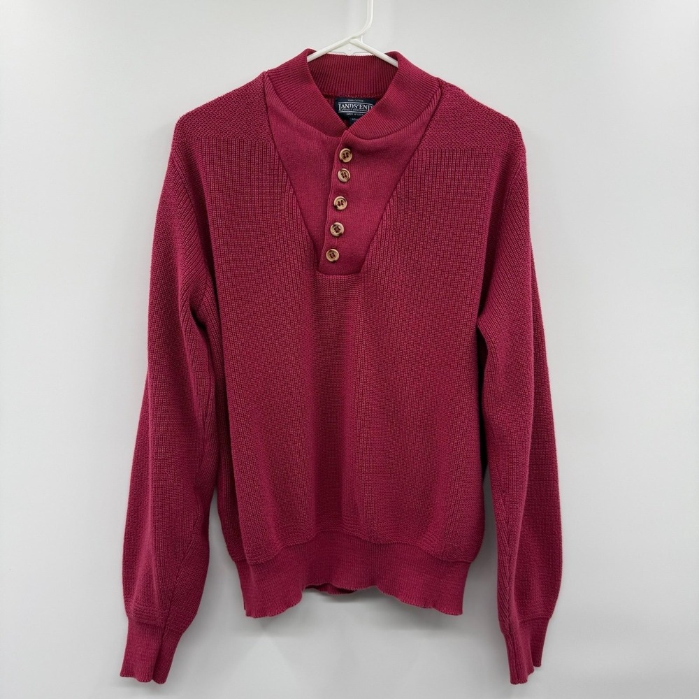 Lands' End Men's Burgundy Knit Polo Sweater Henley size large 100% cotton
